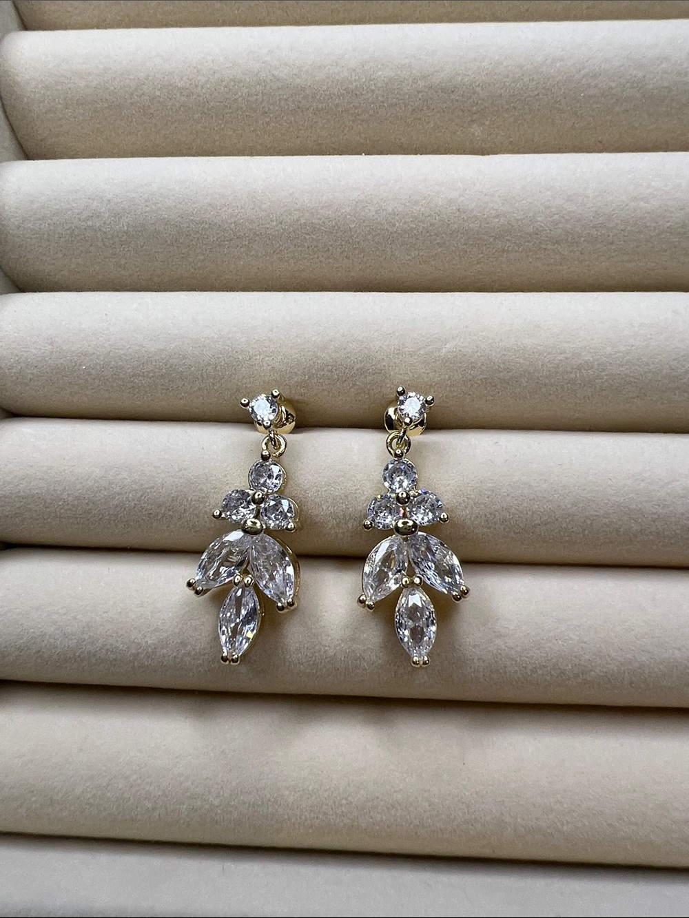 Gold Crystal Drop Earrings - Elegant Clear Stone Dangle - NEW